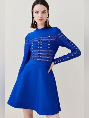 Brand New KAREN MILLEN Bandage Skater Dress Cobalt Blue with Gold Rivets